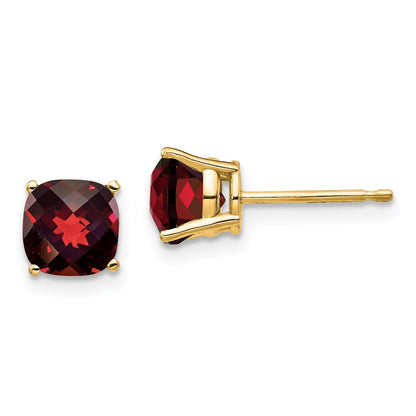 14k Yellow Gold 6x6mm Cushion Garnet Checker Earring