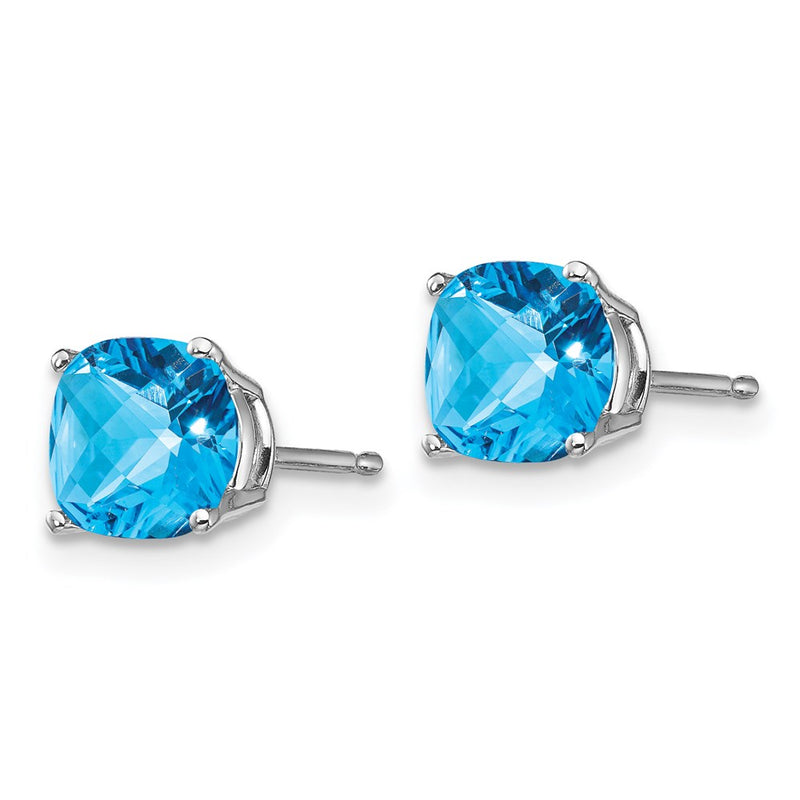 14k White Gold 6x6mm Cushion Blue Topaz Checker Earring