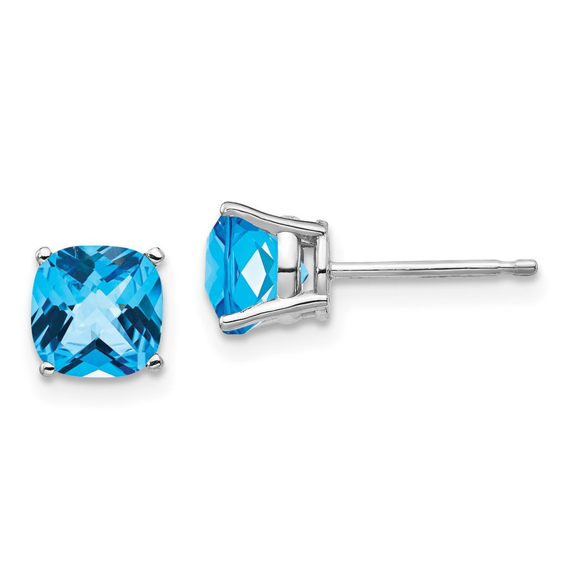 14k White Gold 6x6mm Cushion Blue Topaz Checker Earring