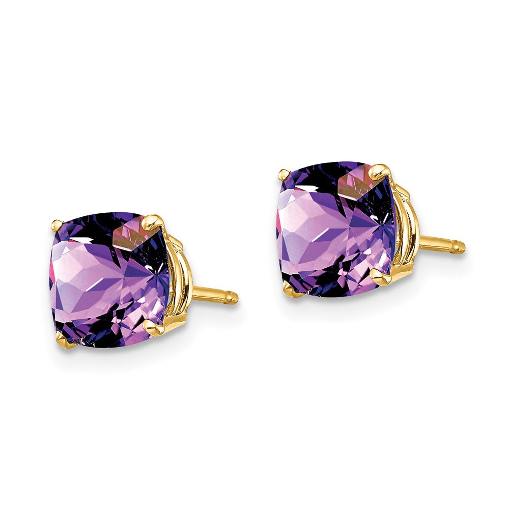 14k Yellow Gold 7x7mm Cushion Amethyst Checker Earring