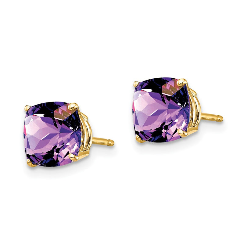14k Yellow Gold 7x7mm Cushion Amethyst Checker Earring