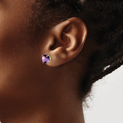 14k Yellow Gold 7x7mm Cushion Amethyst Checker Earring
