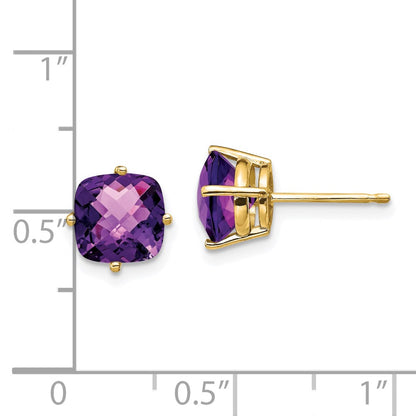 14k Yellow Gold 7x7mm Cushion Amethyst Checker Earring