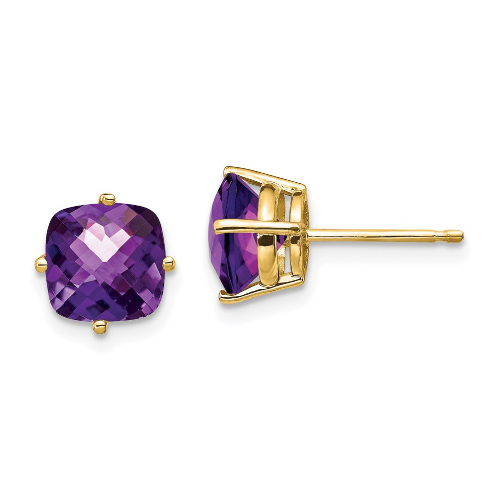 14k Yellow Gold 7x7mm Cushion Amethyst Checker Earring
