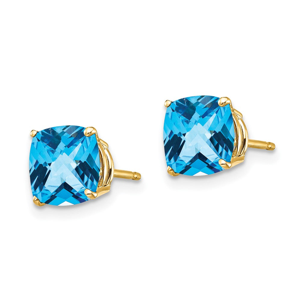 14k Yellow Gold 7x7mm Cushion Blue Topaz Checker Earring