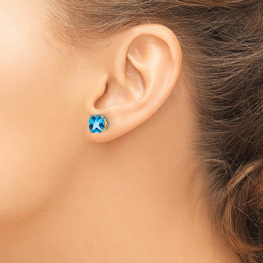 14k Yellow Gold 7x7mm Cushion Blue Topaz Checker Earring