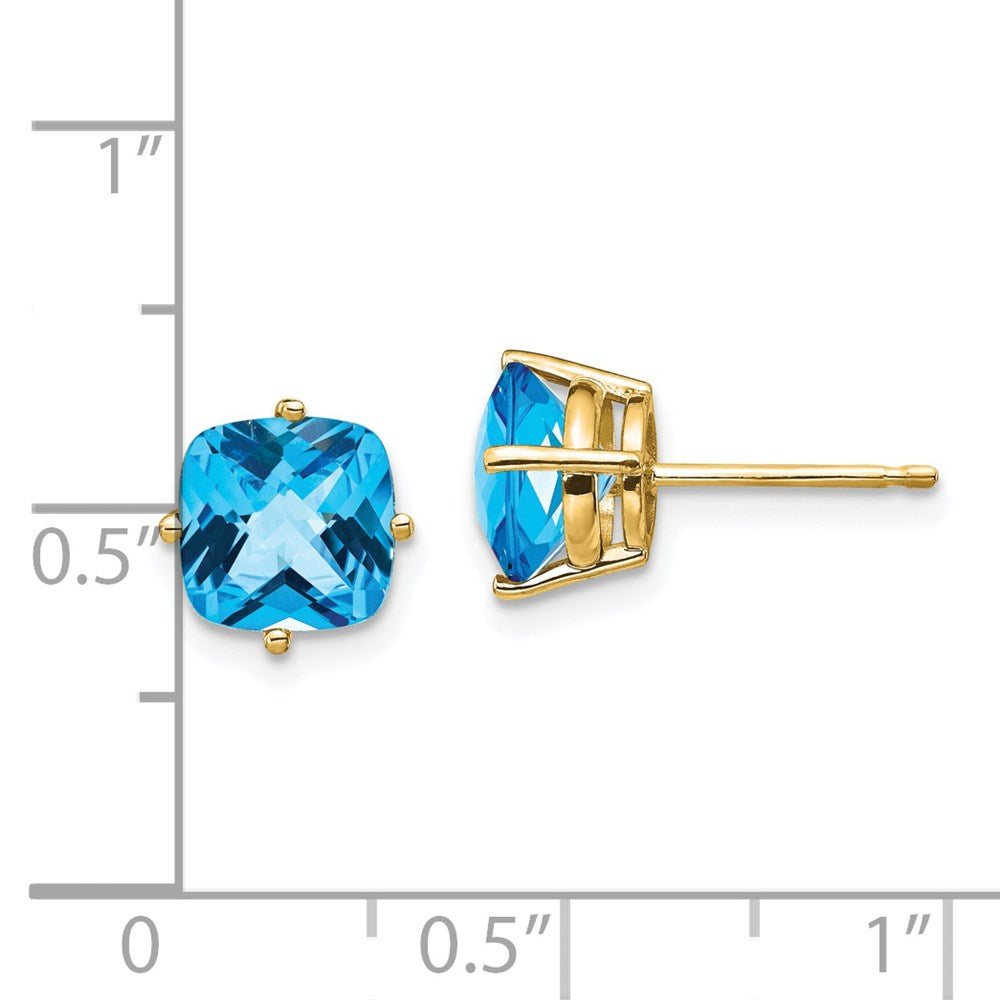 14k Yellow Gold 7x7mm Cushion Blue Topaz Checker Earring