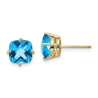 14k Yellow Gold 7x7mm Cushion Blue Topaz Checker Earring