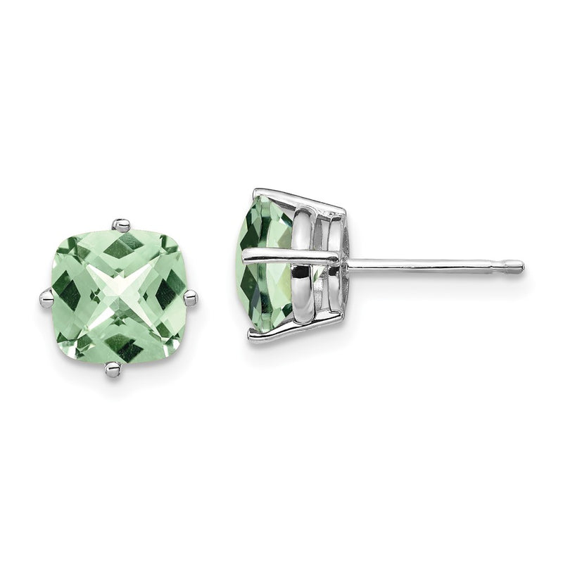 14k White Gold 7mm Cushion Checker-Cut Green Quartz Earring