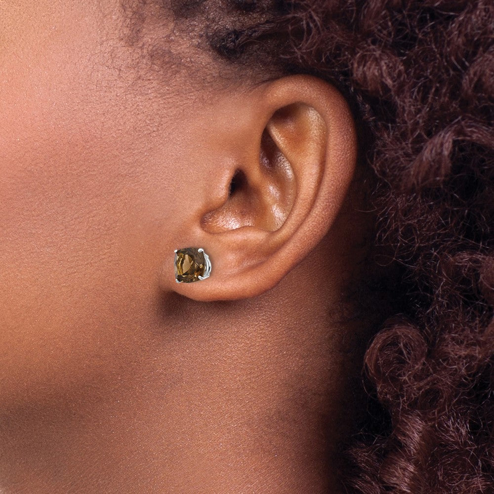 14k White Gold 7mm Cushion Checker-Cut Smok Yellow Gold Quartz Earring