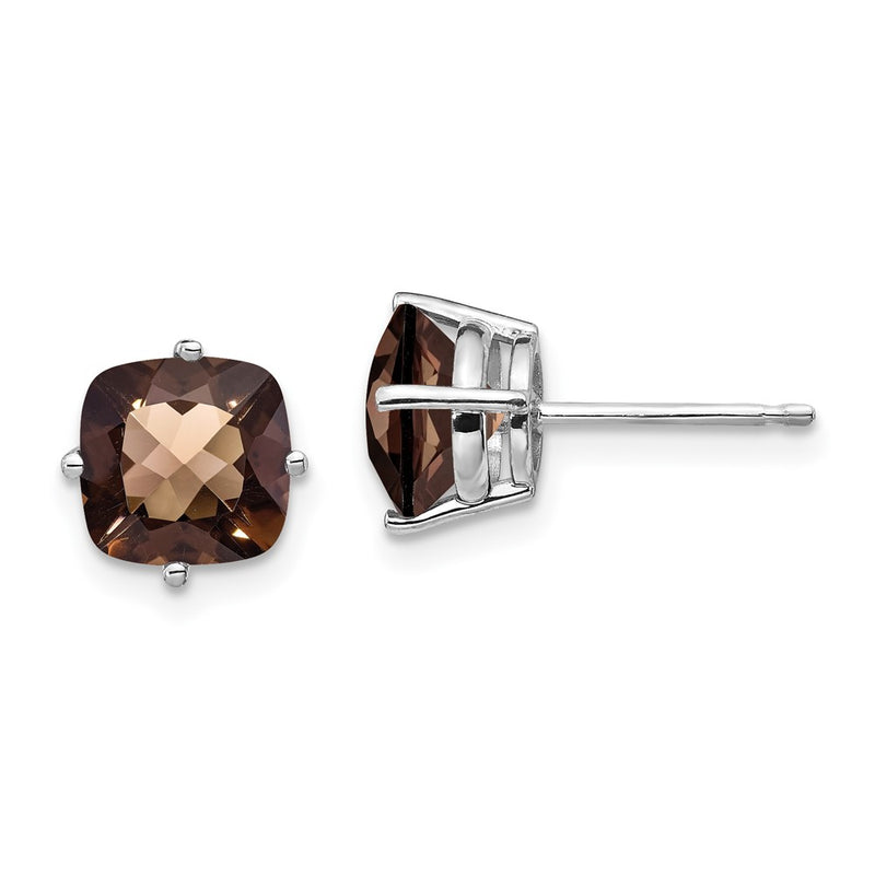 14k White Gold 7mm Cushion Checker-Cut Smok Yellow Gold Quartz Earring