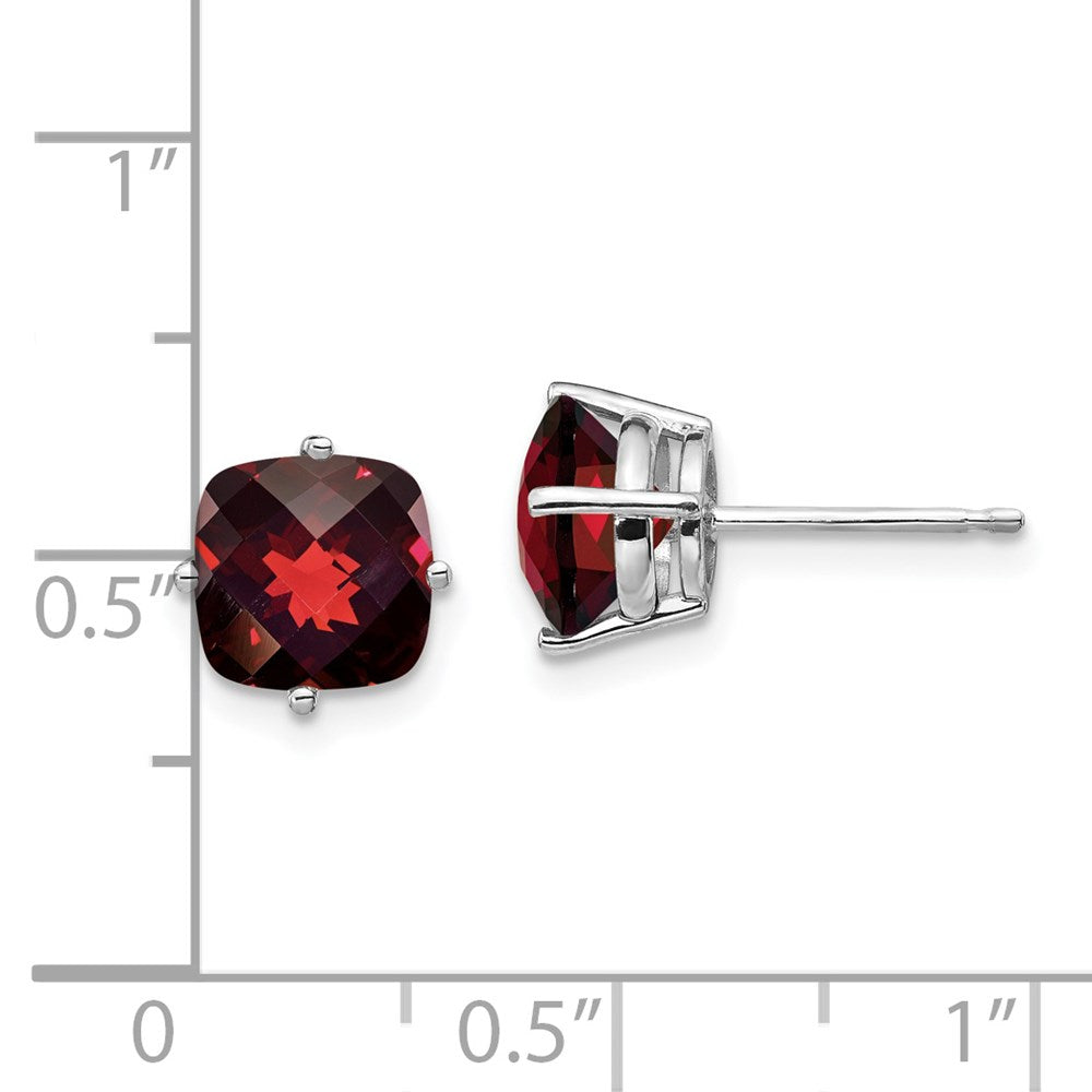 Solid 14k White Gold 7x7mm Cushion Simulated Garnet ChecKer Earring