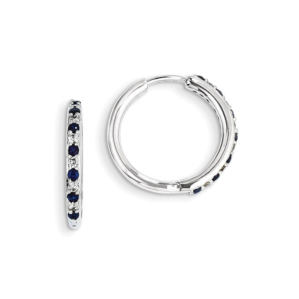14k White Gold Real Diamond & Sapphire Hinged Hoop Earrings