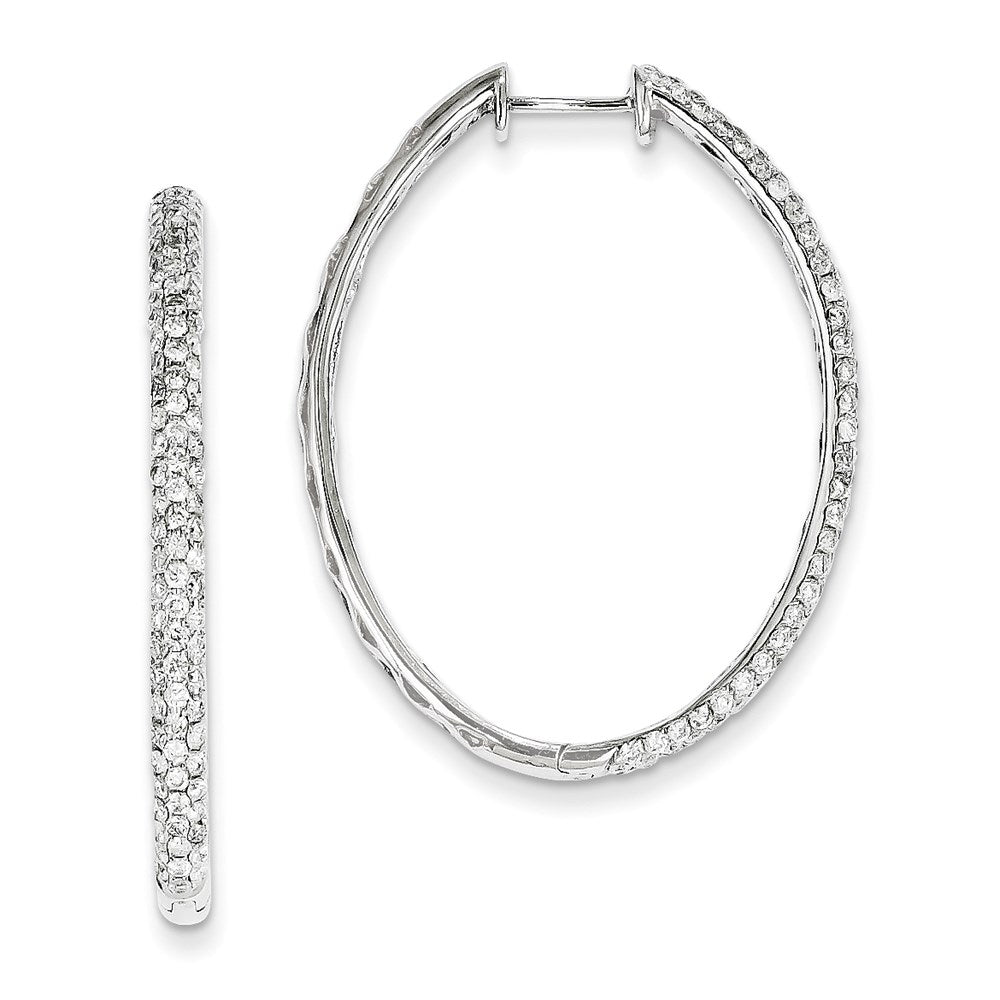 14k White Gold Oval Real Diamond Hinged Hoop Earrings