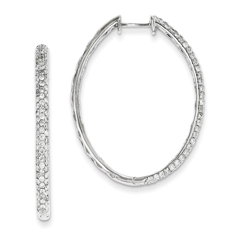 14k White Gold Oval Real Diamond Hinged Hoop Earrings