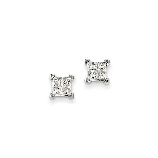 14k White Gold Princess Real Diamond Screwback Earrings