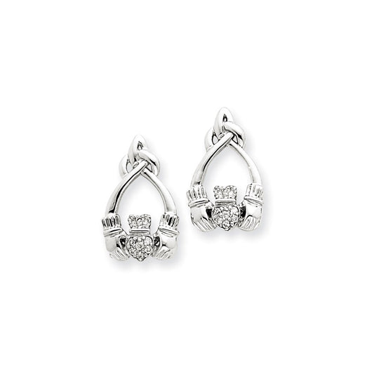 14k White Gold Real Diamond Claddagh Post Earrings