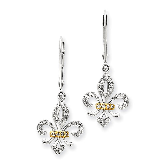 14k White Gold & Rhodium Real Diamond Fleur De Lis Earrings