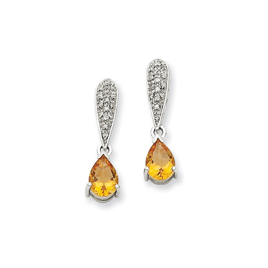 14k White Gold Citrine & Real Diamond Dangle Post Earrings