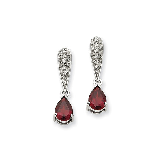 14k White Gold Garnet & Real Diamond Dangle Post Earrings