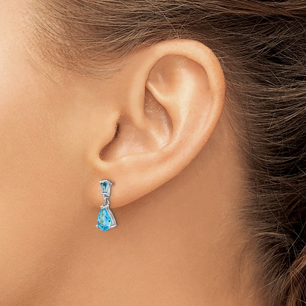 Solid 14k White Gold Simulated Blue Topaz Dangle Post Earrings