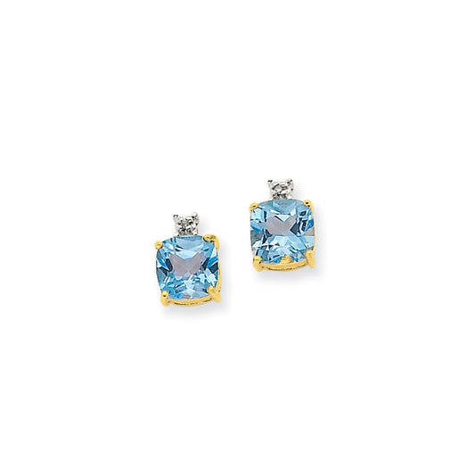 14k Yellow Gold Blue Topaz & Real Diamond Post Earrings