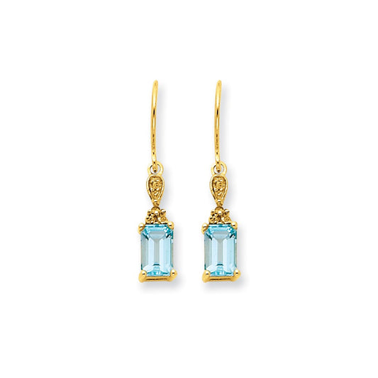 14k Yellow Gold Blue Topaz & Real Diamond Dangle Earrings