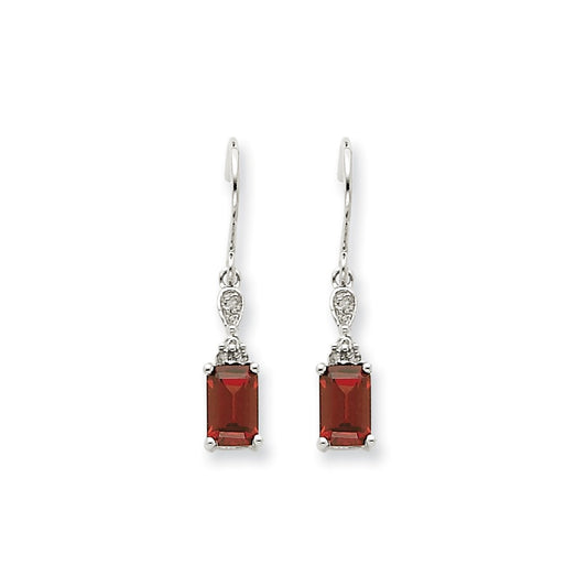 14k White Gold Garnet & Real Diamond Dangle Earrings