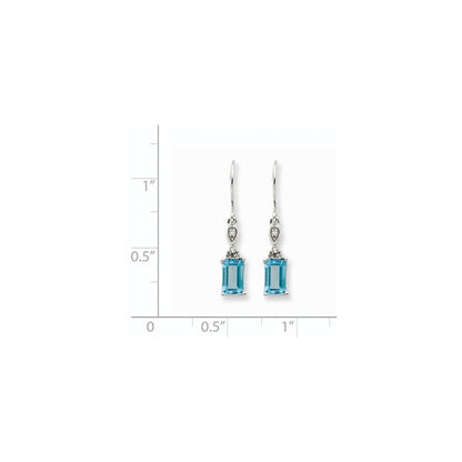 14k White Gold Blue Topaz & Real Diamond Dangle Earrings