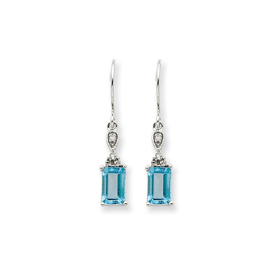 14k White Gold Blue Topaz & Real Diamond Dangle Earrings