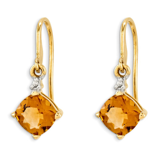 14k Yellow Gold Citrine & Real Diamond Dangle Earrings