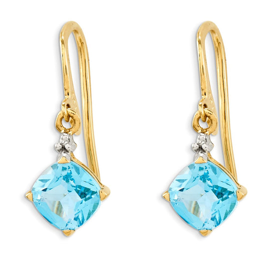 14k Yellow Gold Blue Topaz & Real Diamond Dangle Earrings