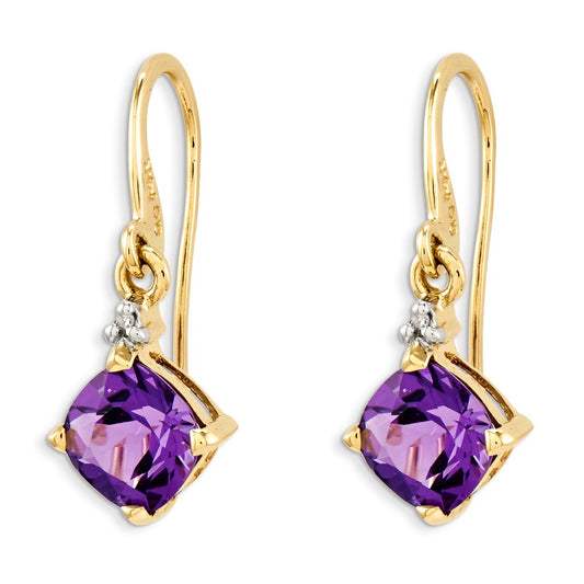 14k Yellow Gold Amethyst & Real Diamond Dangle Earrings