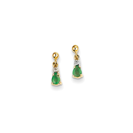 14k Yellow Gold Emerald & Real Diamond Dangle Earrings