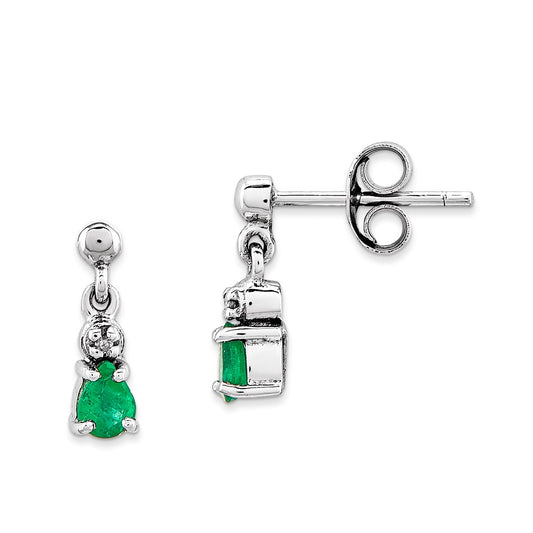 14k White Gold Emerald & Real Diamond Dangle Post Earrings