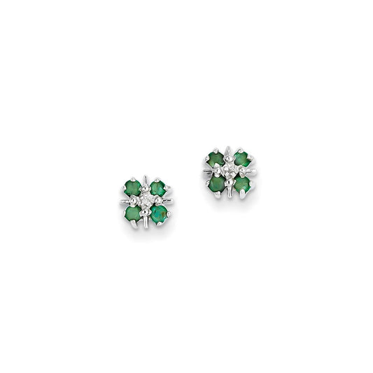 14k White Gold Emerald & Real Diamond Post Earrings