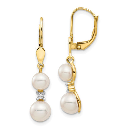14K Yellow Gold FW Cultured Pearl & Real Diamond Leverback Earrings