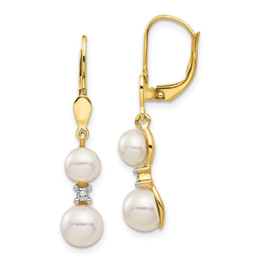 14K Yellow Gold FW Cultured Pearl & Real Diamond Leverback Earrings