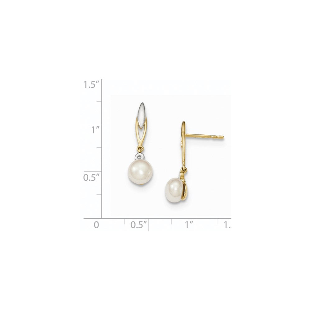 14K Yellow Gold & Rhodium (6-7mm) Button FW Cultured Pearl & Real Diamond Earrings