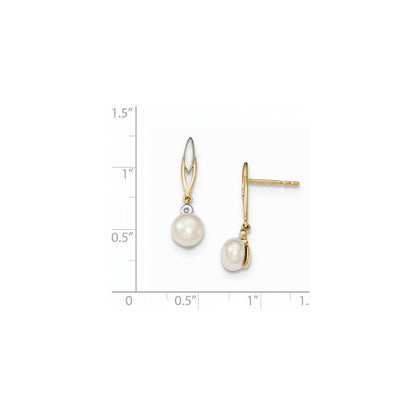 14K Yellow Gold & Rhodium (6-7mm) Button FW Cultured Pearl & Real Diamond Earrings