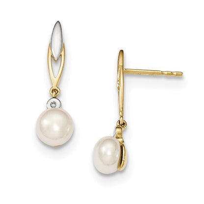 14K Yellow Gold & Rhodium (6-7mm) Button FW Cultured Pearl & Real Diamond Earrings