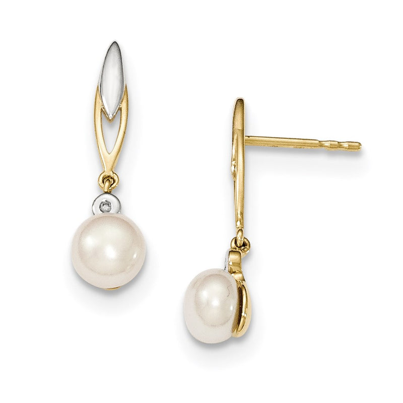 14K Yellow Gold & Rhodium (6-7mm) Button FW Cultured Pearl & Real Diamond Earrings