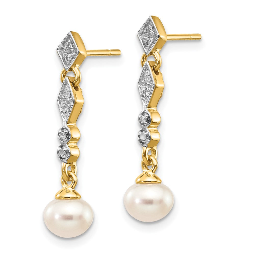 14k Yellow Gold w/Rhodium 5-6mm Semi-round FWC Pearl .04ct Real Diamond Earrings