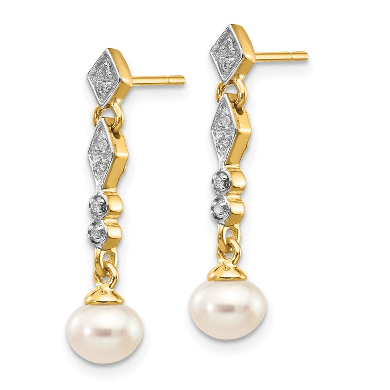 14k Yellow Gold w/Rhodium 5-6mm Semi-round FWC Pearl .04ct Real Diamond Earrings