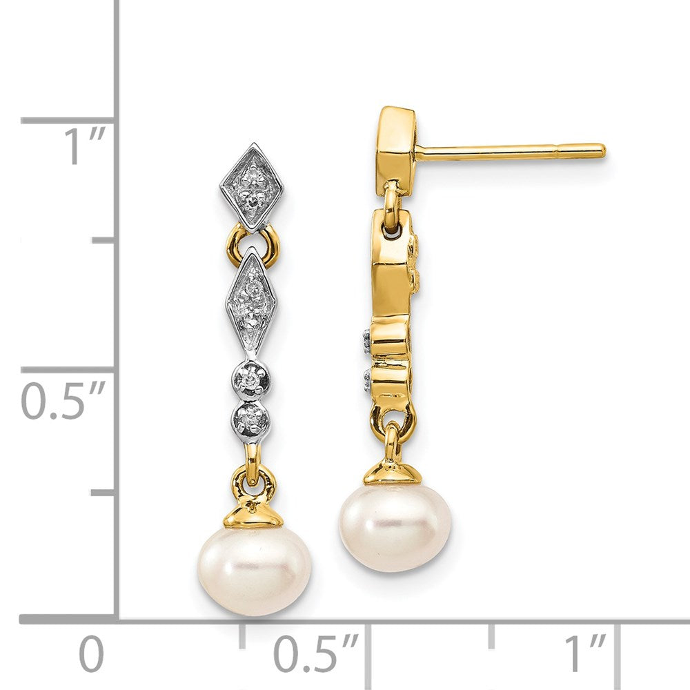 14k Yellow Gold w/Rhodium 5-6mm Semi-round FWC Pearl .04ct Real Diamond Earrings