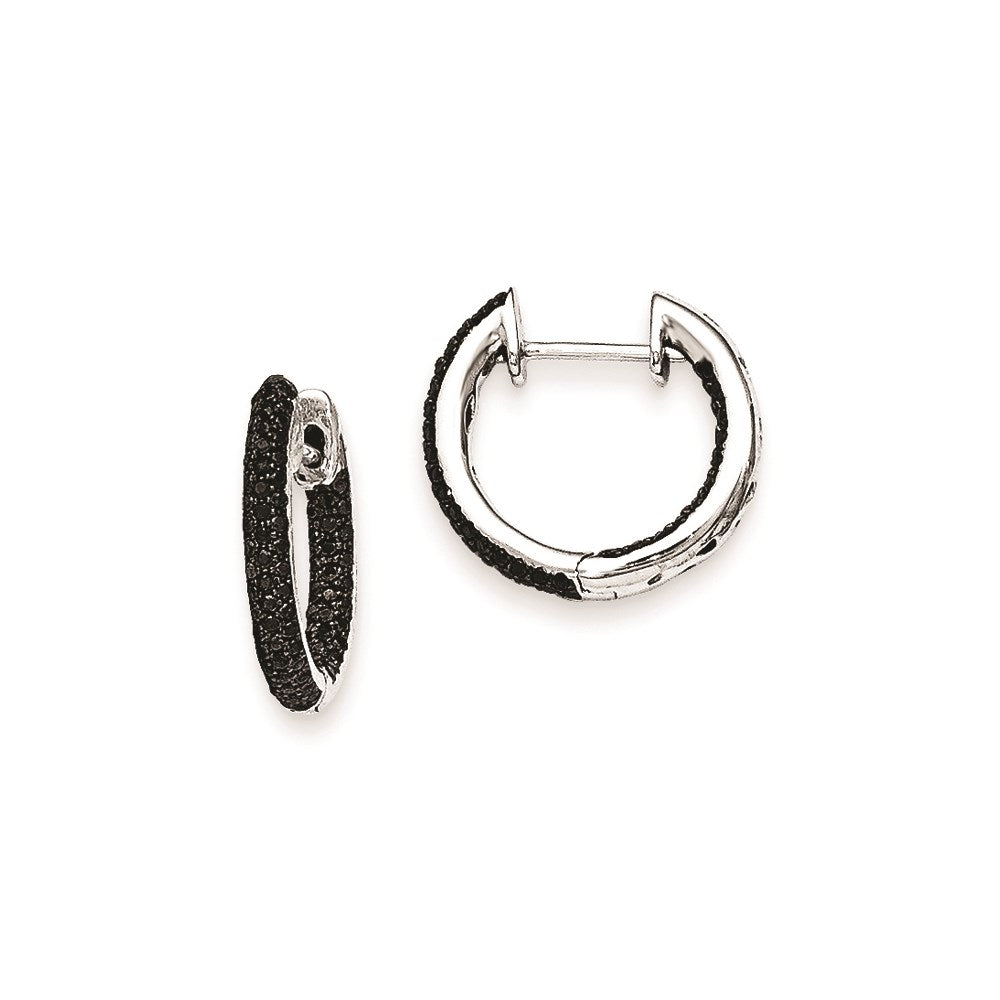 14k White Gold Black Real Diamond Hinged Hoop Earrings