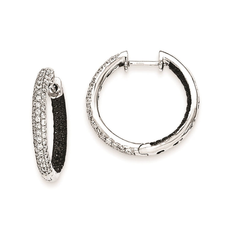 14k White Gold Black and White Real Diamond Hinged Hoop Earrings