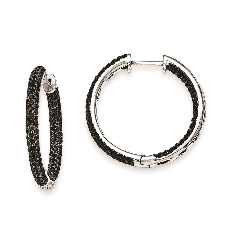 14k White Gold Black Real Diamond Hinged Hoop Earrings