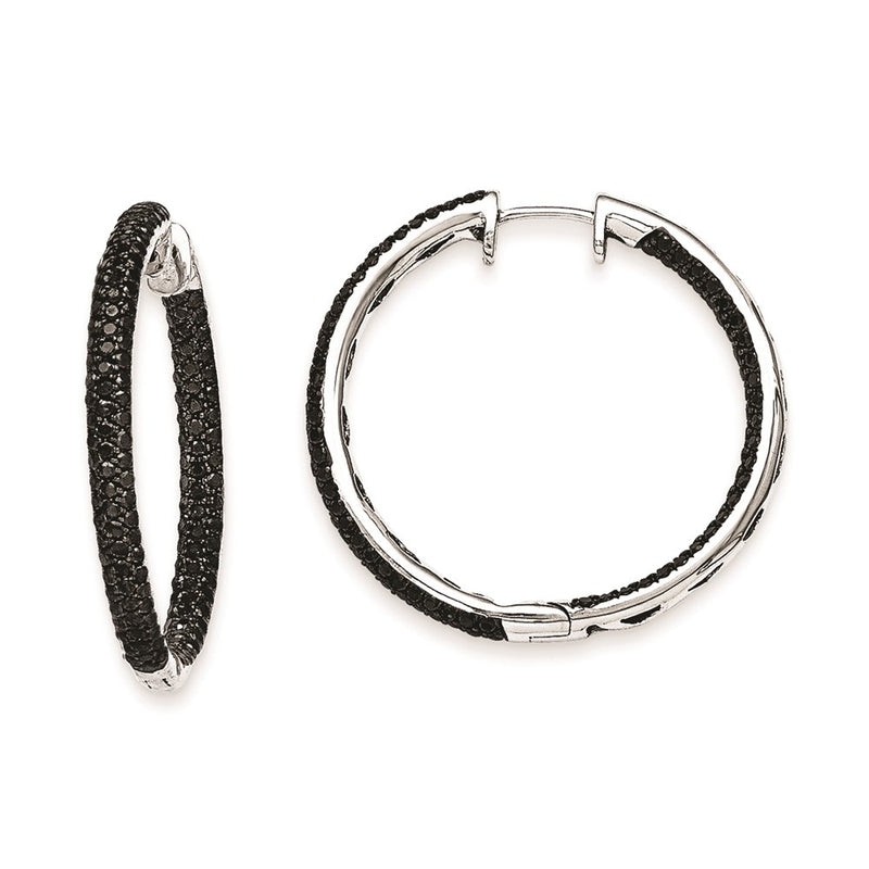 14k White Gold Black Real Diamond Hinged Hoop Earrings