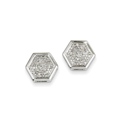 14K White Gold Real Diamond Medium Hexagon Bezel Post Earrings